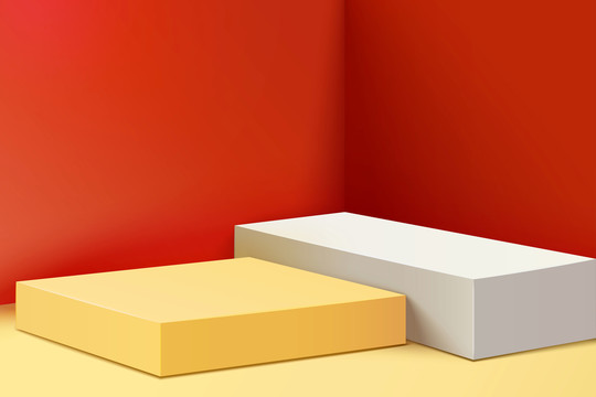 红色背景黄色与白色展示台三维图
