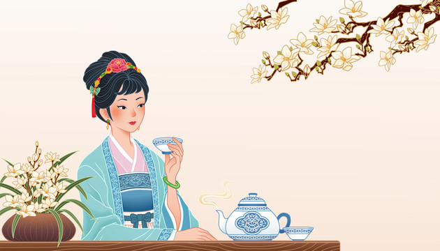 東方古典美人飲茶插圖