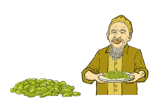 手繪新疆老人和葡萄干
