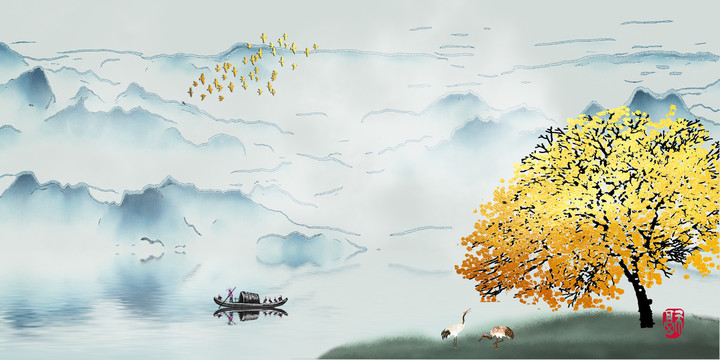 新中式客廳沙發(fā)電視山水畫(huà)背景