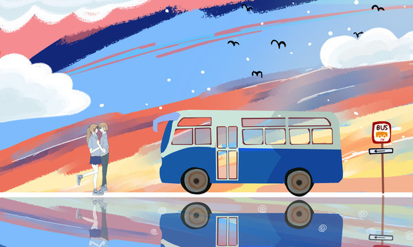 旅游悠閑情侶海邊唯美插畫