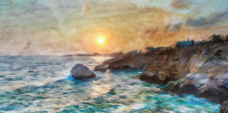 海上日出油畫