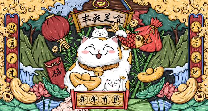 招财猫国潮插画包装海报