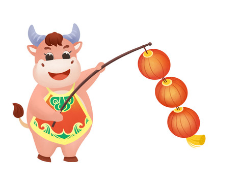 卡通牛年正在掛燈籠的小牛插畫(huà)
