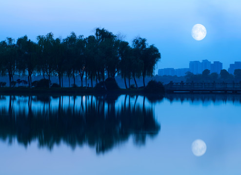 夜晚的湖水树木的倒影