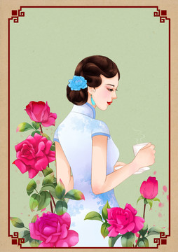 玫瑰花茶旗袍女人包裝插畫