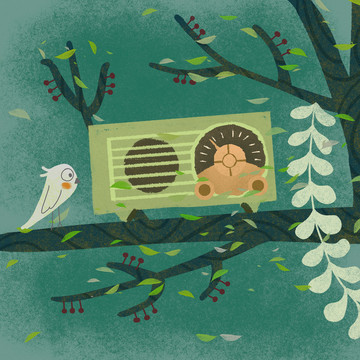 森林小鸟收音机儿童插画