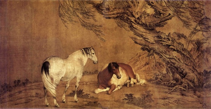 郎世寧柳蔭雙駿圖