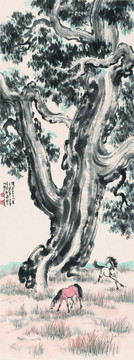 徐悲鴻 徐悲鴻柏樹(shù)雙馬圖軸