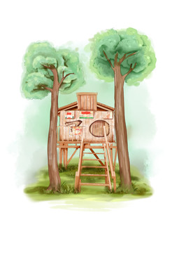 树屋水彩手绘