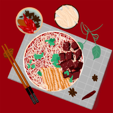 麻辣爆肚小面插畫