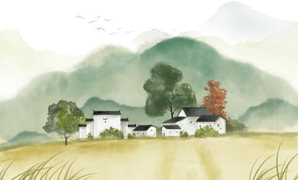 水彩田園風(fēng)景插畫