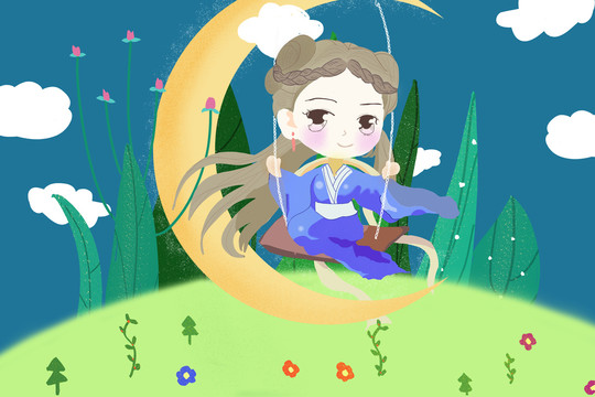 藍色女孩蕩秋千浪漫月色插畫