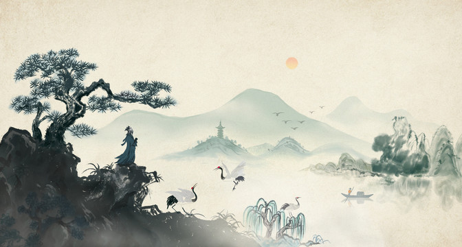 意境悠遠(yuǎn)的白鶴墨韻山水水墨畫(huà)