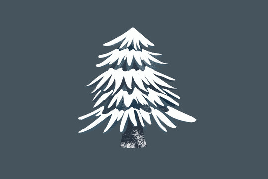 原创手绘植物冬天积雪的松树插画