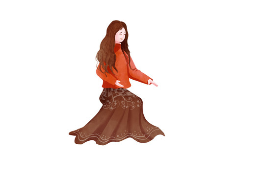 原創(chuàng)手繪人物卡通坐著的女士插畫