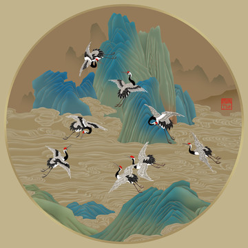 鶴舞山水間工筆手繪