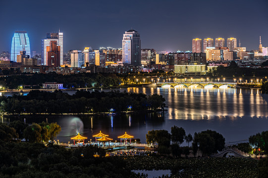 中国长春市城区及南湖公园夜景