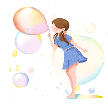 手繪插畫吹泡泡的可愛女孩