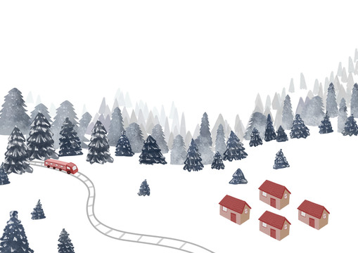 雪山松树林里电轨车开动场景插画