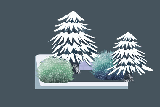 小清新路邊的松樹灌木叢植物插畫