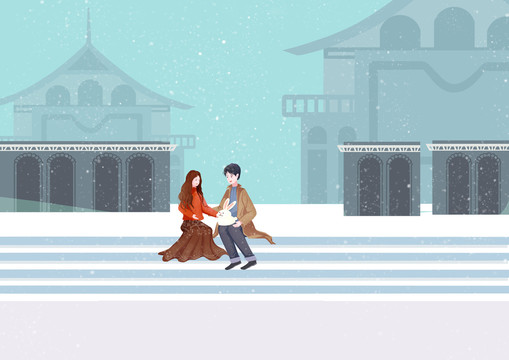 飄雪的冬季街道上情侶約會(huì)場(chǎng)景