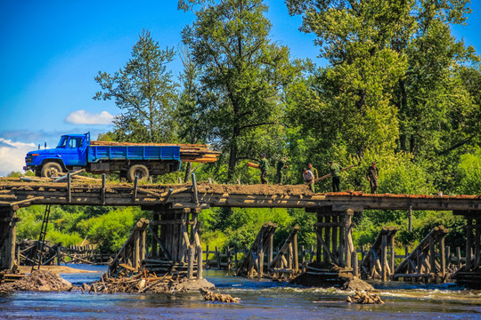 河流树林老式木桥