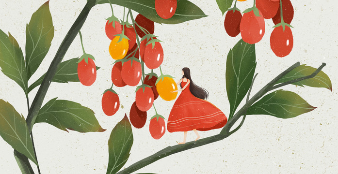 小西紅柿與女孩插畫