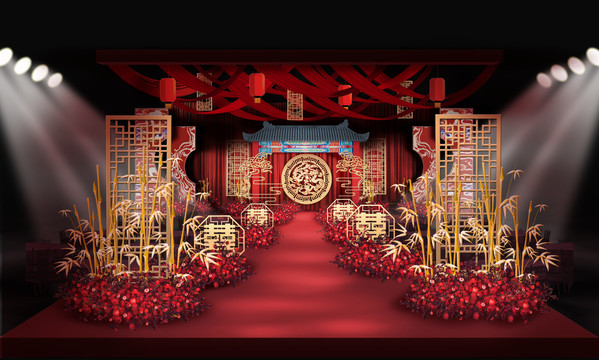 中式红色婚礼仪式区手绘效果图