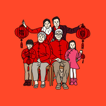 春节全家福手绘插画
