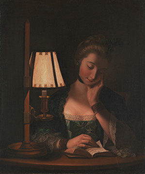 亨利·罗伯特·莫兰德纸质台灯下看书的女性