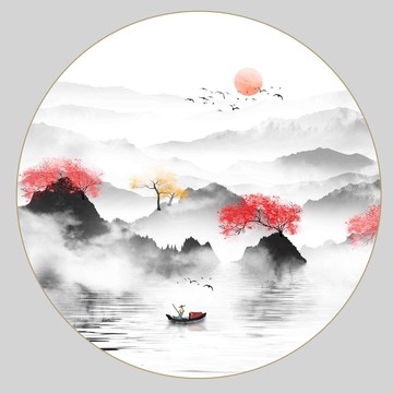 輕奢圓形水墨山水畫(huà)
