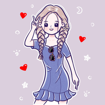 扎辮子的女孩手繪頭像Q版PS