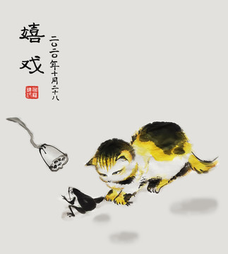 水墨国画小猫戏青蛙
