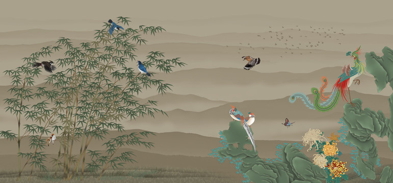 竹林花鳥(niǎo)山水工筆畫(huà)