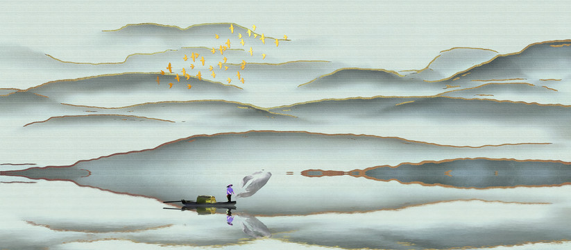 新中式抽象禅意山水背景壁画