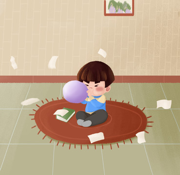 在房間里吹氣球的小孩