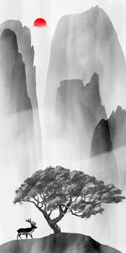 水墨條屏山水裝飾畫