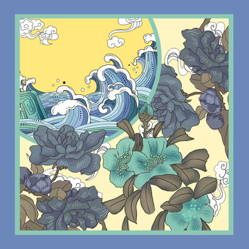 花朵方巾中国风丝巾插画图案设计