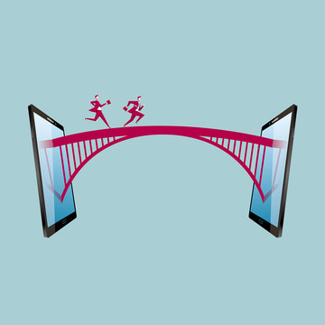 兩人在平板電腦之間的橋梁上
