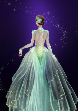 背影美女綠色婚紗禮服裙
