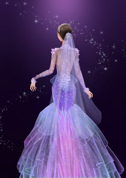 背影美女紫色婚紗禮服裙