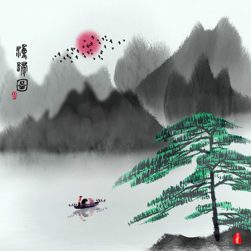 中式抽象禅意山水情壁画
