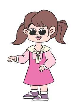 粉色卡通穿裙子站立的小女孩插畫