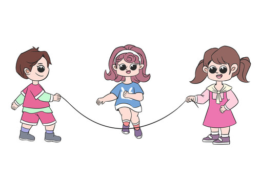 粉蓝色卡通三个小朋友跳绳的场景