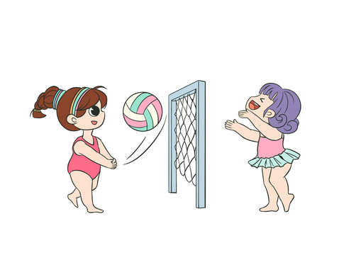 卡通女孩雙人沙灘排球插畫