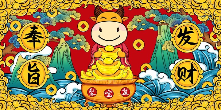 奉旨發(fā)財牛年國潮插畫