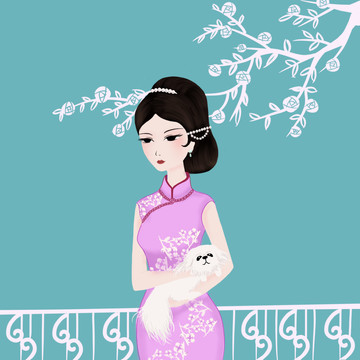 原創(chuàng)抱狗的優(yōu)雅旗袍女人
