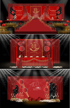 浪漫紅色大理石婚禮舞臺(tái)迎賓背景