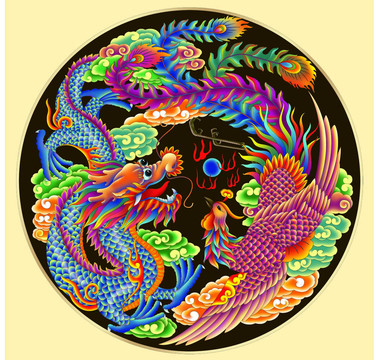 龍鳳分層設(shè)計(jì)噴繪插畫圖案